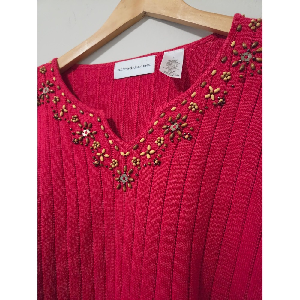 Alfred Dunner Womens Red Ribbed Knit Beaded Floral V-Neck Short Sleeve Sweater L - Picture 2 of 4